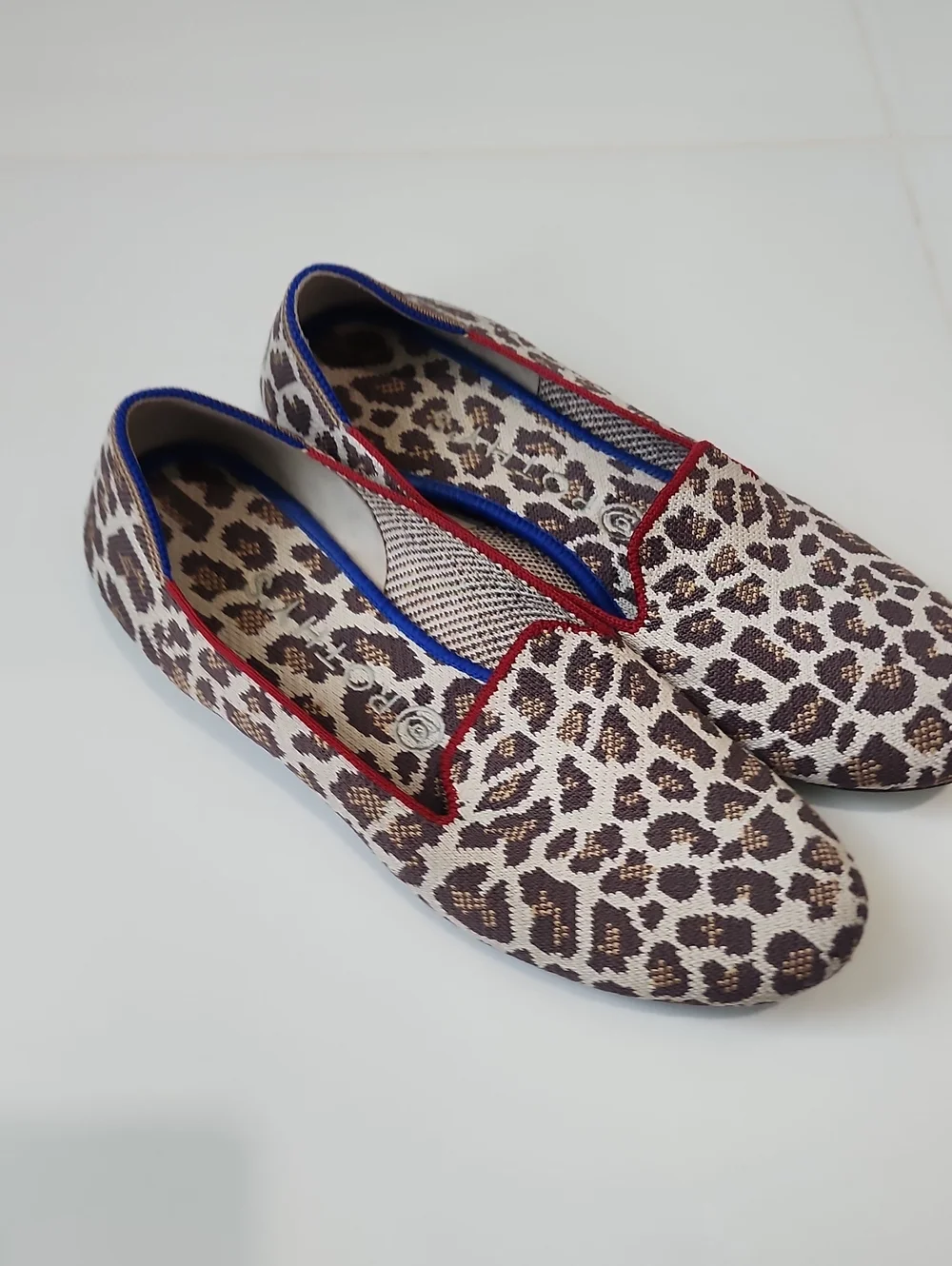 Rothy's Mocha Spot Leopard-Print Loafers in Brown and Cream with Red Trim